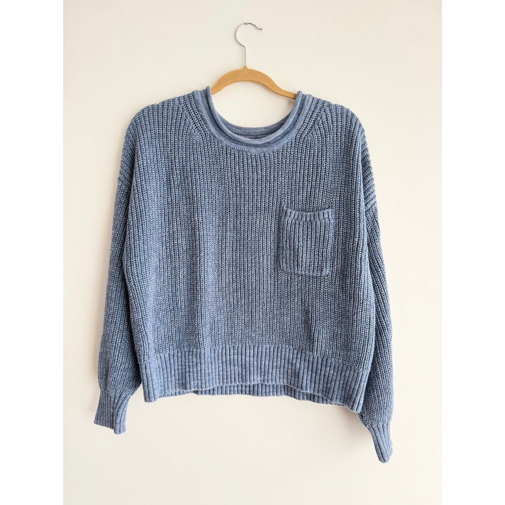 Gap Women Blue Shaker Stitch Cotton Knit Rollneck Sweater Relaxed Cropped M